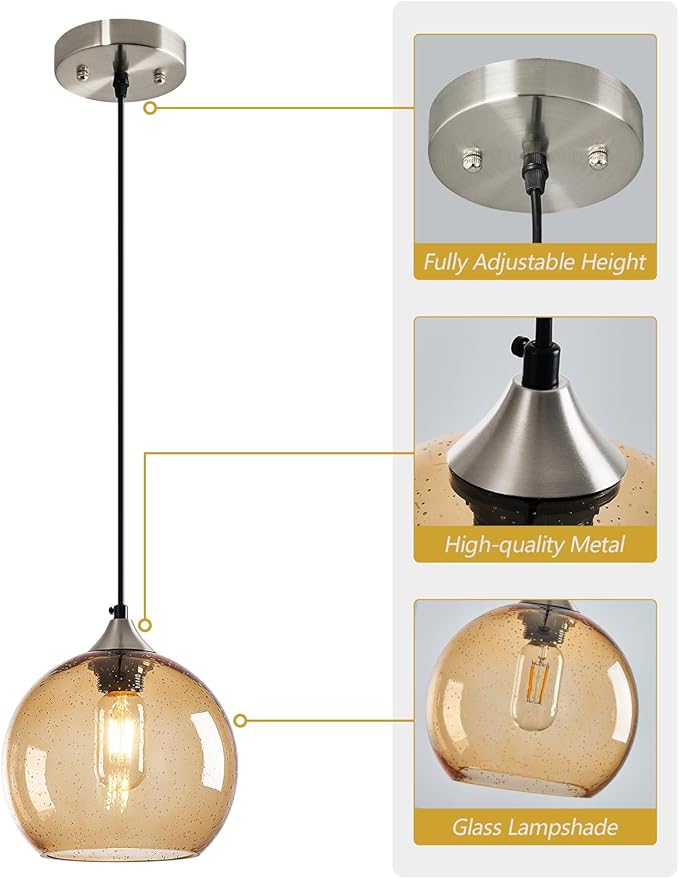 Light Brown Glass Pendant Lights Kitchen Island Lighting Globe Pendant Light Fixtures Modern Pendant Lighting for Bedroom Living Dining Room Light Fixture (7.87 in, 1 Pack)