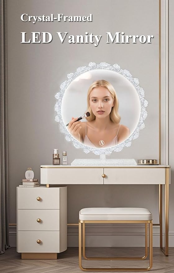Crystal LED Vanity Mirror with Touch Control 3 Color Lights, Dimming 360° Rotation Desktop Elegant Decorative Hollywood HD Makeup Mirror(Tabletop Mirror-30cm)