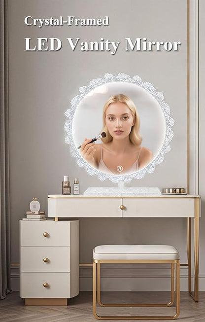 Crystal LED Vanity Mirror with Touch Control 3 Color Lights, Dimming 360° Rotation Desktop Elegant Decorative Hollywood HD Makeup Mirror(Tabletop Mirror-30cm)