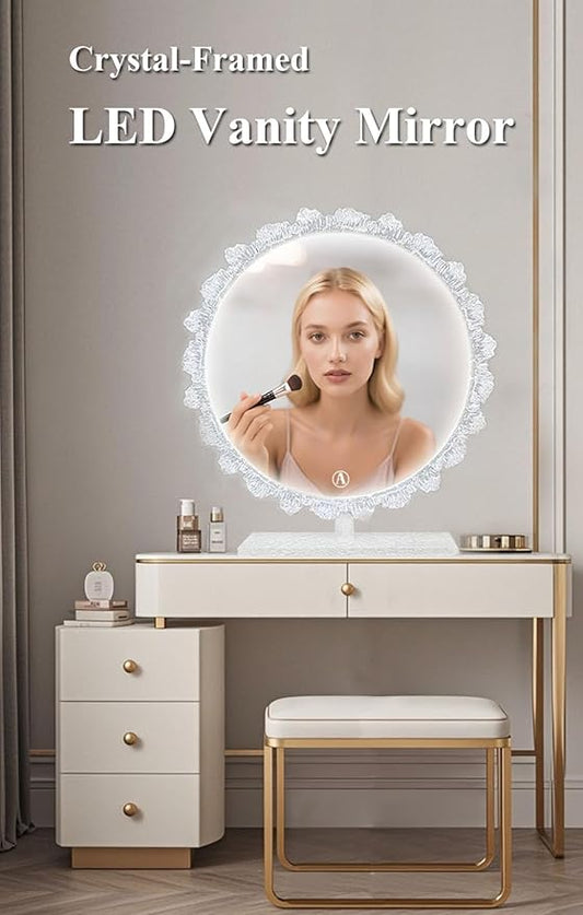 Crystal LED Vanity Mirror with Touch Control 3 Color Lights, Dimming 360° Rotation Desktop Elegant Decorative Hollywood HD Makeup Mirror(Tabletop Mirror-30cm)