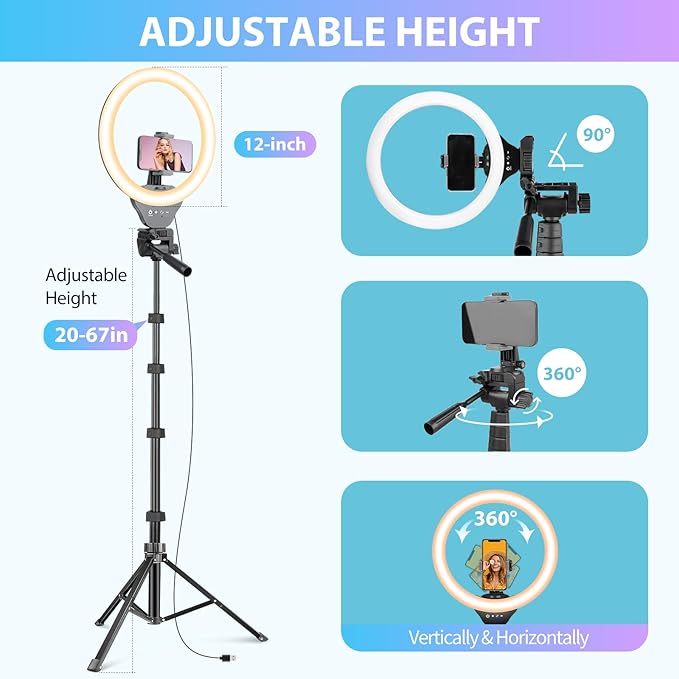 Sensyne 12-inch Ring Light with 67-inch Selfie Stick, Tripod and Phone Holder, Selfie Remote Control Circle Light for Live Stream/Video Recording/TikTok, Compatible with All Phones and Cameras