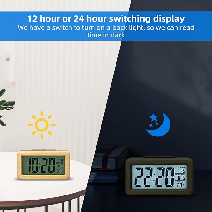 everwood Wooden Digital Battery Operated Alarm Clocks for Bedrooms, Beside, Table, Desk