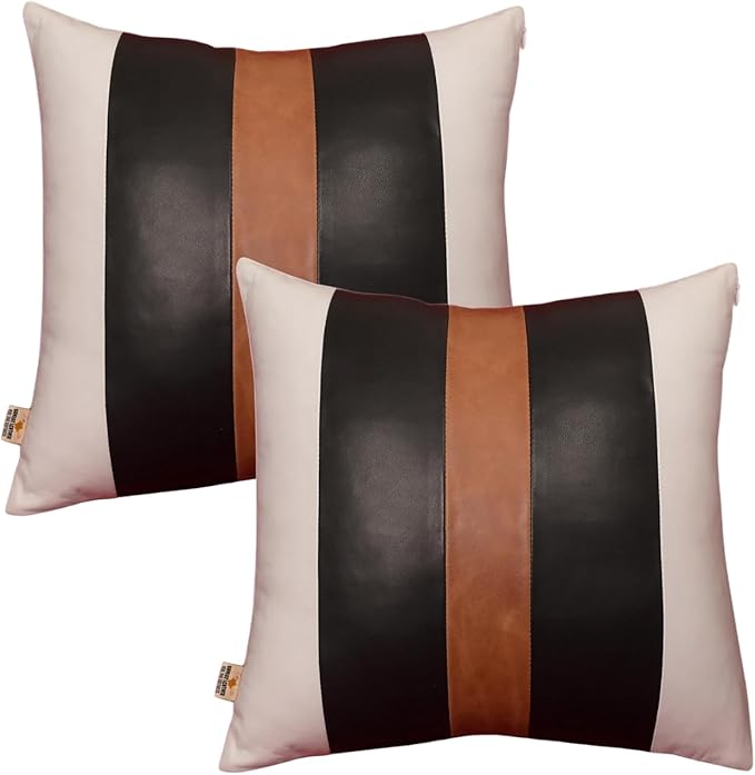 Genuine Lambskin Leather Pillow Cover, 16x16 Inch Case for Lumbar Throw Couch Pillows, Thick & Soft Cushion Covers for Sofa Bed Home Décor (White Black & Tan Pack of 2)