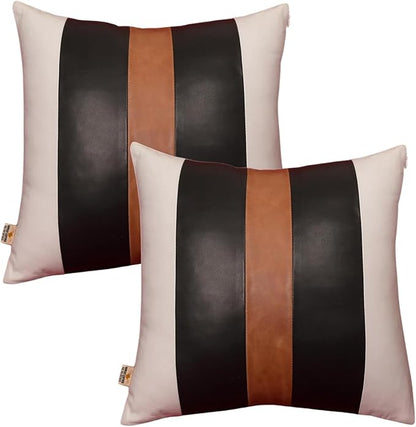 Genuine Lambskin Leather Pillow Cover, 20x20 Inch Case for Lumbar Throw Couch Pillows, Thick & Soft Cushion Covers for Sofa Bed Home Décor (White Black & Tan Pack of 2)