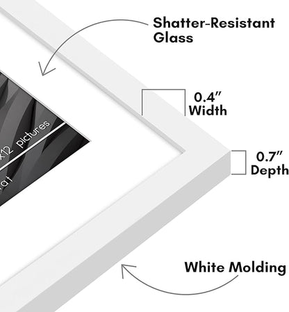 Americanflat 9x12 Picture Frame with Shatter-Resistant Glass - Use as 6x8 Frame with Mat or Display 9x12 Photo Without Mat - Streamline Collection - Picture Frames for Tabletop and Wall - White