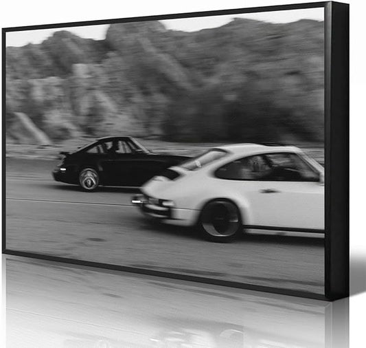 Black and White Photography Canvas Wall Art, Race Cars Aesthetic Poster, Trendy Classic Car Racing Photo Print Gift for Timeless Speed Enthusiasts, Man Cave Bedroom Wall Decor 8x12in Framed