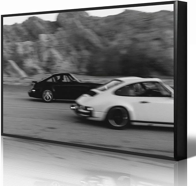 Black and White Photography Canvas Wall Art, Race Cars Aesthetic Poster, Trendy Classic Car Racing Photo Print Gift for Timeless Speed Enthusiasts, Man Cave Bedroom Wall Decor 16x24in Framed