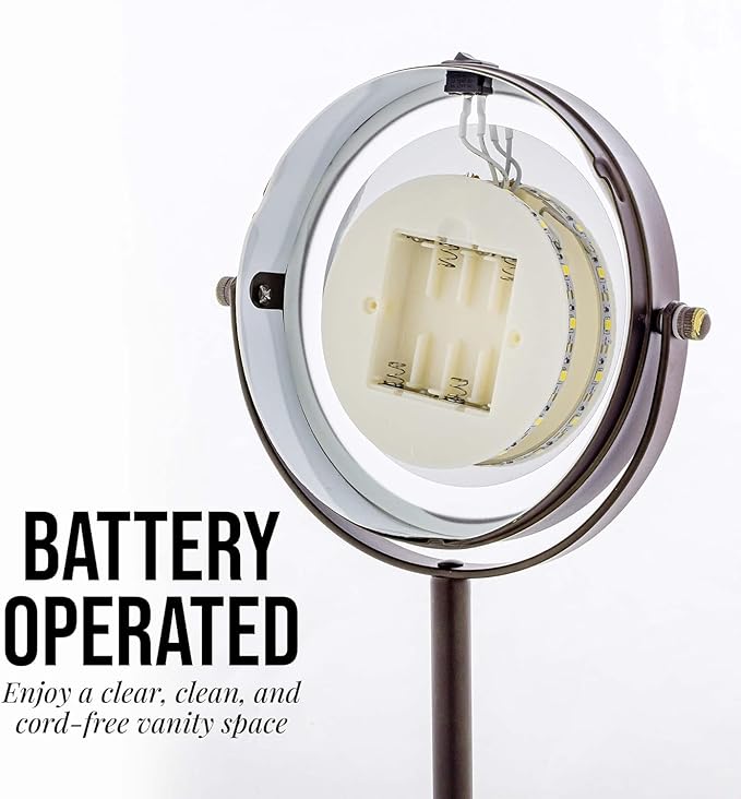 OVENTE 6" Lighted Makeup Mirror with 1X/7X Magnification, Cordless Tabletop Mount Vanity Round Mirror with 360° Swivel Design and Double Sided Cool Tone LED Ring Light, Antique Bronze MLT60ABZ1X7X