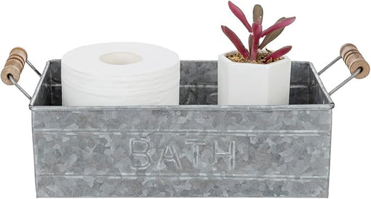 MyGift Vintage Bronze Metal Rectangular Storage Basket with Wooden Handles, Bathroom Toiletries Holder, Organizer Bin with Embossed Bath Label - Handcrafted in India (Silver)