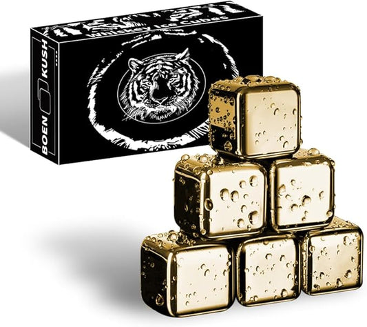 6 Small Whiskey Stones Silver - Man Gift Set - Reusable Stainless Steel Metal Ice Sphere Cubes Beverage Chilling Rocks Whiskey Stones for Red Wine, Bar Beer, Scotch, Vodka Drinks - Gold
