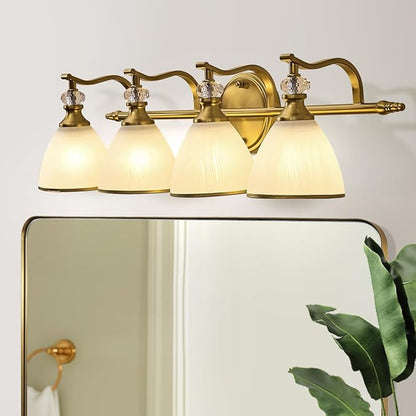 ANDY STAR Brushed Gold Vanity Light, 4-Light Bathroom Light Fixtures, Vintage Wall Lamp with Bell Shaped Frosted Lampshade, 27.8 Inch Bathroom Lighting Fixtures Over Mirror, (Bulbs Not Included)
