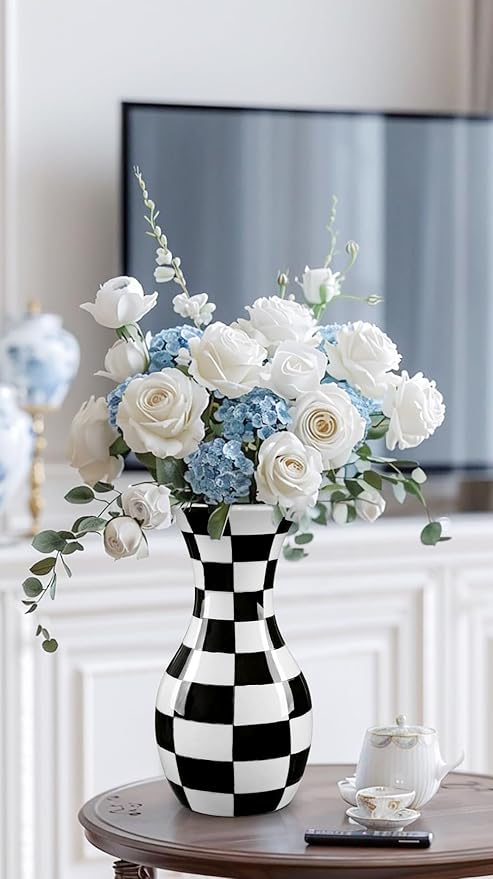 Black and White Ceramic Vase, 11" Tall Black Checkered Vase in Wide Mouth, Large Decorative Flower Vases for Decor Living Room, Table Centerpiece, Dining Room, Entryways, Wedding Decor, Porcelain Vase