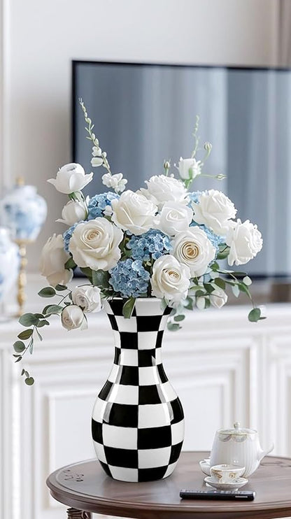 Black and White Ceramic Vase, 11" Tall Black Checkered Vase in Wide Mouth, Large Decorative Flower Vases for Decor Living Room, Table Centerpiece, Dining Room, Entryways, Wedding Decor, Porcelain Vase