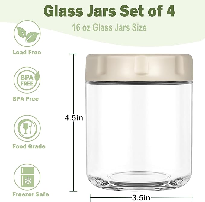 4 Pack Glass Overnight Oats Jars with Airtight Lid, 16OZ Wide Mouth Mason Jars, Leak Proof Glass Food Storage Containers for Yogurt, Oats, Chia Pudding, Snacks, Spice, Sugar