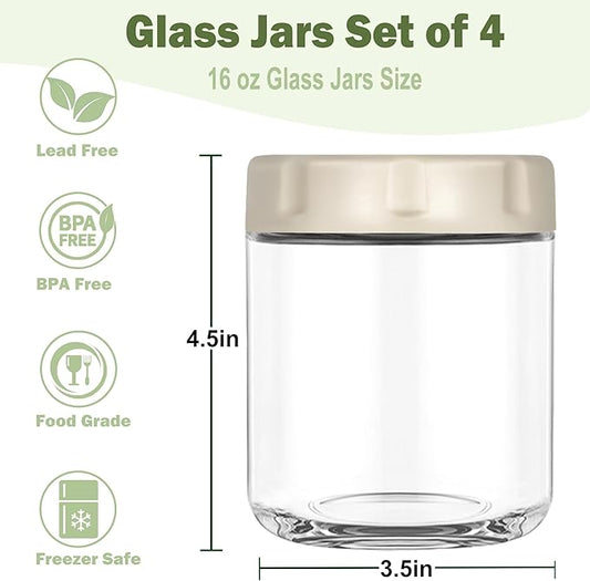 4 Pack Glass Overnight Oats Jars with Airtight Lid, 16OZ Wide Mouth Mason Jars, Leak Proof Glass Food Storage Containers for Yogurt, Oats, Chia Pudding, Snacks, Spice, Sugar