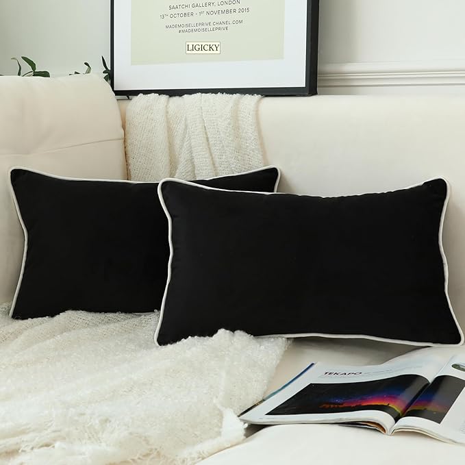 LIGICKY Set of 2 Black Velvet Lumbar Pillow Covers Modern Minimalist Style Solid Decorative White Rope Edging Soft Rectangle Cushion Cases for Sofa Bedroom Party Décor, 12 x 20 inch