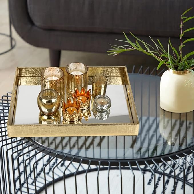 Vixdonos Decorative Mirror Tray Gold Serving Tray Bathrooom Vanity Tray,16.2'' X 12.2" X 2''