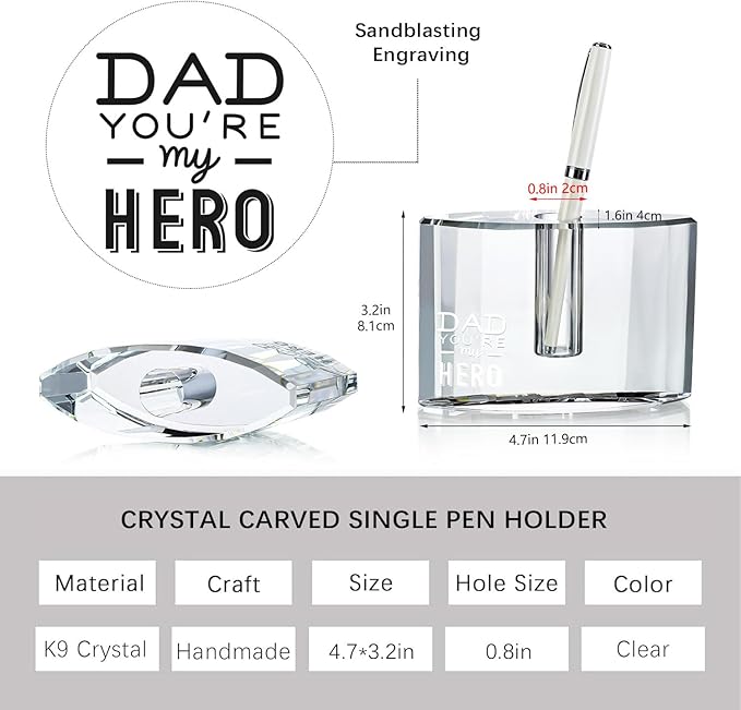 QFkris Fathers Day Crystal Christmas Gifts for Dad Crystal Single Pen Holder, 4.7" Fancy Fountain Pen Stand for Desk, Glass Feather Pencil Holder for Office Desktop Decoration, Gift for Dad Father Man