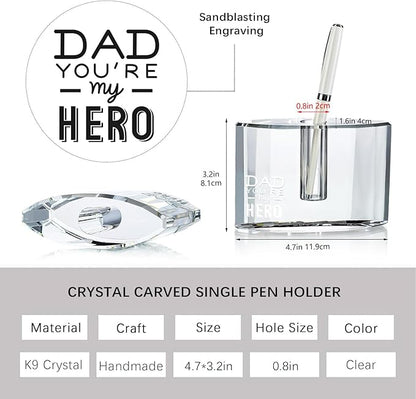 QFkris Fathers Day Crystal Christmas Gifts for Dad Crystal Single Pen Holder, 4.7" Fancy Fountain Pen Stand for Desk, Glass Feather Pencil Holder for Office Desktop Decoration, Gift for Dad Father Man