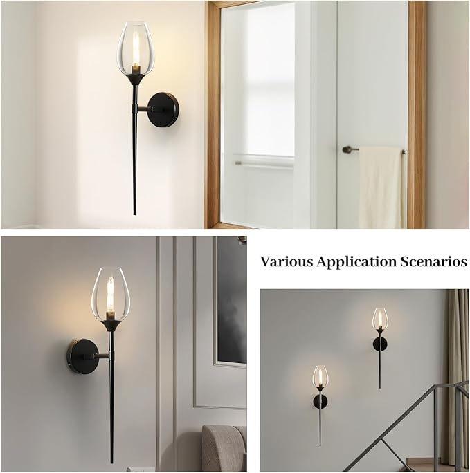 Black Glass Wall Sconce Light: Modern Decorative Sconces Lights over Mirror - Brushed Brass Bathroom Vanity Lighting with Flower Shade Set of 2 - Indoor Glass Wall Mount Lamp for Bedroom Living Room