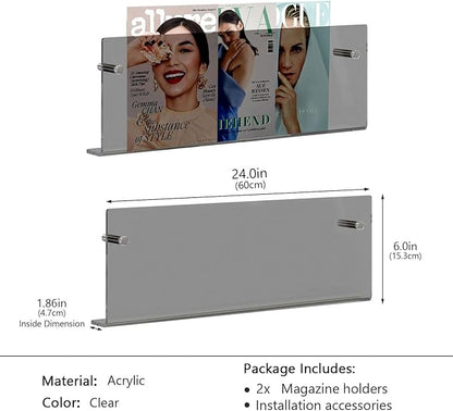 2-Pack Acrylic Magazine Holder - 24 Inch Wall Mounted Floating Bookshelf for Brochures, Records & Books, Modern Storage Rack for Office, Living Room, Waiting Room (Black, 24 Inch)