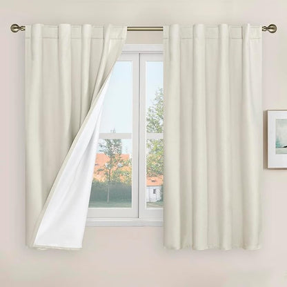 LAMIT 100% Blackout Short Linen Curtains, 48 Inch Length Linen Textured Thermal Curtains Back Tab and Rod Pocket Neutral Panels with White Liner for Small Window, 2 Panels, 42 x 48 Inch, Ivory
