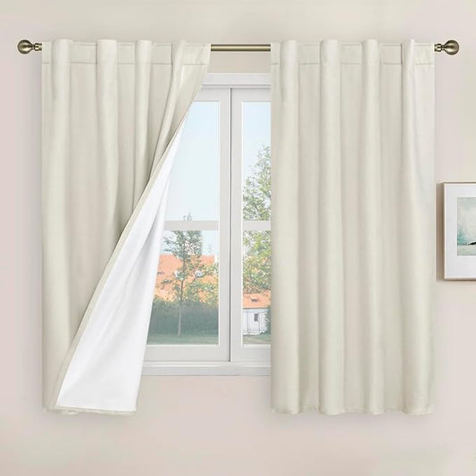 LAMIT 100% Blackout Short Linen Curtains, 48 Inch Length Linen Textured Thermal Curtains Back Tab and Rod Pocket Neutral Panels with White Liner for Small Window, 2 Panels, 42 x 48 Inch, Ivory
