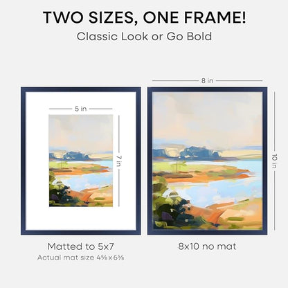 Homeforia 8x10 Picture Frame Navy Blue, High End Metal 8 x 10 Poster Frames with Mat 5 by 7 Print, 10x8 Thin Frame Matted to 7x5 Photo, 8by10 Wall or Tabletop Frame, Tempered Glass, Wall Kit, Set of 2