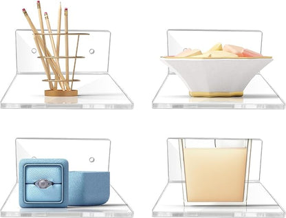 4 Pcs Clear Acrylic Floating Wall Shelves, Small Floating Shelves for Wall Shelf Acrylic Display Ledges, Small Corner Shelf for Bedroom Bathroom Book Speaker Hanging Shelves - Clear (4 Inch 4Pack)