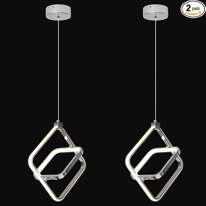 Modern LED Chandelier Chrome Rectangular Pendant Light Fixtures 4000K 20W Dimmable Height Adjustable Pendant Lighting for Dining Room Kitchen Island Bedroom Living Room Foyer（2-Pack）