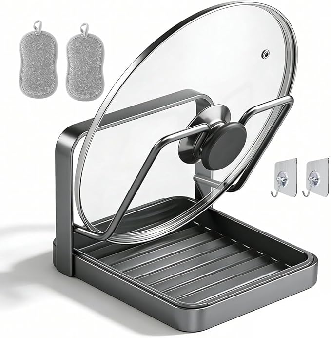Kitchen Pot Lid Storage Rack, Multifunctional Utensils Pan Pot Cover Lid Rack Shelf for Pots Lids, Spatulas Multifunctional Kitchen Pot Lid Organizer for Countertop (Gunmetal Gray Single Layer)