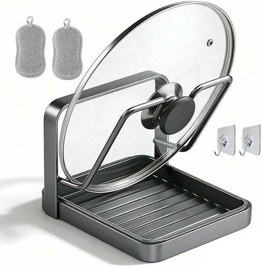 Kitchen Pot Lid Storage Rack, Multifunctional Utensils Pan Pot Cover Lid Rack Shelf for Pots Lids, Spatulas Multifunctional Kitchen Pot Lid Organizer for Countertop (Gunmetal Gray Single Layer)