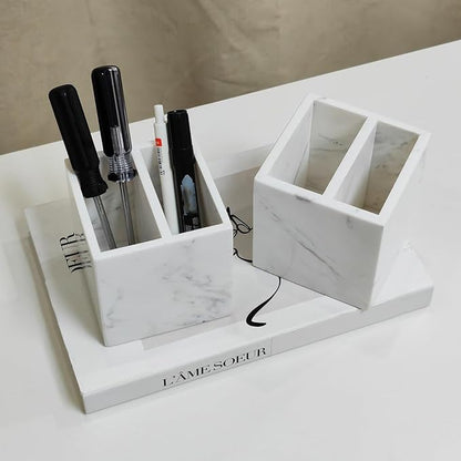 Marble Pen Holder, White Stone, Rectangular Desktop Organizer for Office Study (white 2 layer)