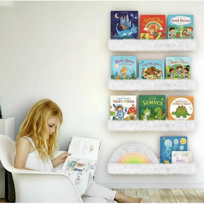 1PC Plush Bookshelf for Kids, Soft Hanging Book Display Shelf for Nursery Wall, Easy Mount Floating Bookshelf Display Organizer, Unique (White)