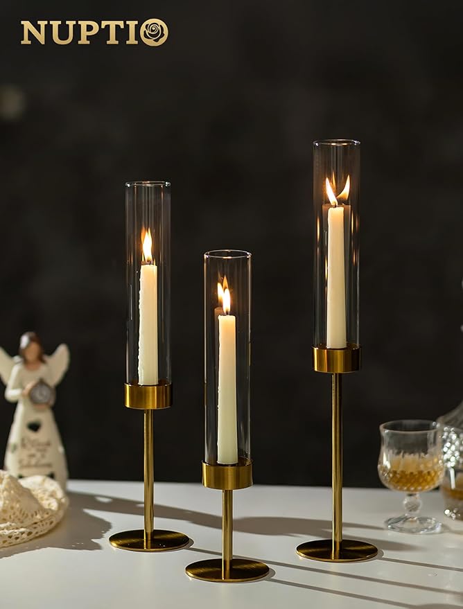 NUPTIO Candlestick Holders for Table Centerpiece: Set of 3 Gold Candle Sticks Holder with Clear Glass Hurricane - Tall Brass Taper Candle Holders for Outdoor Wedding Birthday Decor