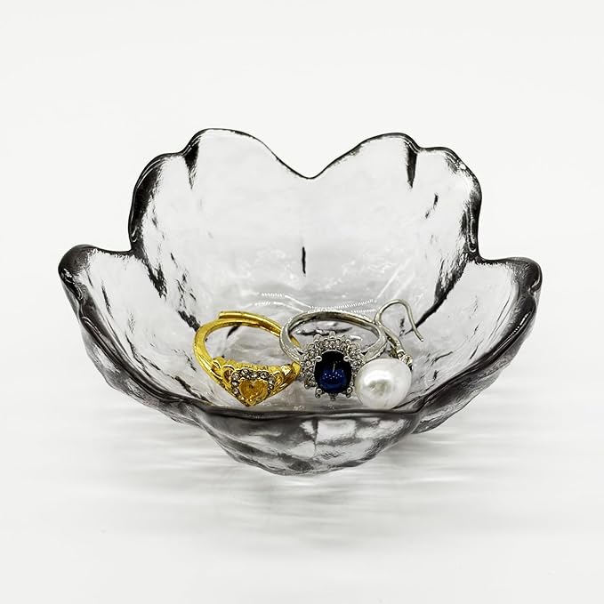 Flower Ring Dish Jewelry Tray, Glass Jewelry Dish Tray, Aesthetic Room Decor Small Trinket Dish, Nightstand Jewlery Ring Holder Dish, Bathroom Jewelry Plate Bowl for Rings Earrings Gift (Smoky Gray)