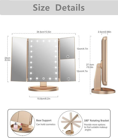 Tri-fold Lighted Vanity Makeup Mirror with 3x/2x/1x Magnification, 21Leds Light and Touch Screen,180 Degree Free Rotation Countertop Cosmetic Mirror,Travel Makeup Mirror (Gold)