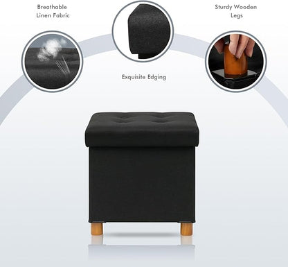 PINPLUS Storage Ottoman Cube, Linen Footrest with Wooden Legs, Foldable Fabric Footrest, Comfortable Seat with Lid, Ottoman with Storage for Living Room, 15"x 15"x 15"