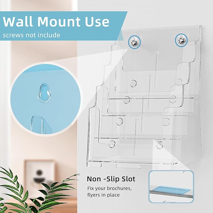 Acrylic Brochure Holder 8.5 x 11 inch, 4 Tier Magazine Stand Clear Literature Organizer Pamphlet Holder with Removable Divider for 4 x 9 inch Brochures for Wall Mount or Desktop