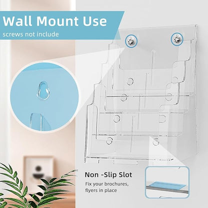 Acrylic Brochure Holder 8.5 x 11 inch, 4 Tier Magazine Stand Clear Literature Organizer Pamphlet Holder with Removable Divider for 4 x 9 inch Brochures for Wall Mount or Desktop