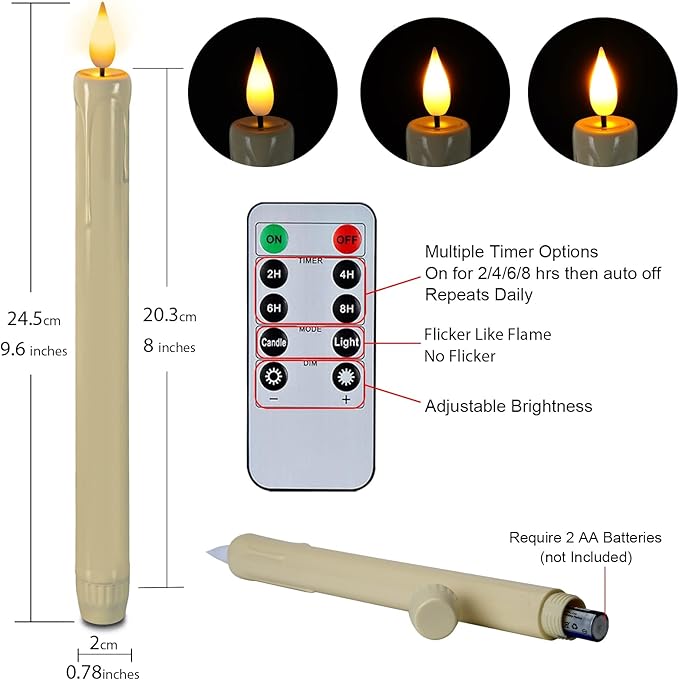 Homemory 24 Pcs Flameless Taper Candles with Remote, Timer, Dimmer, Plastic Battery Operated CandleSticks, Ivory Led Window Candles with Flickering Light, 9.6 Inches for Halloween Christmas Decoration