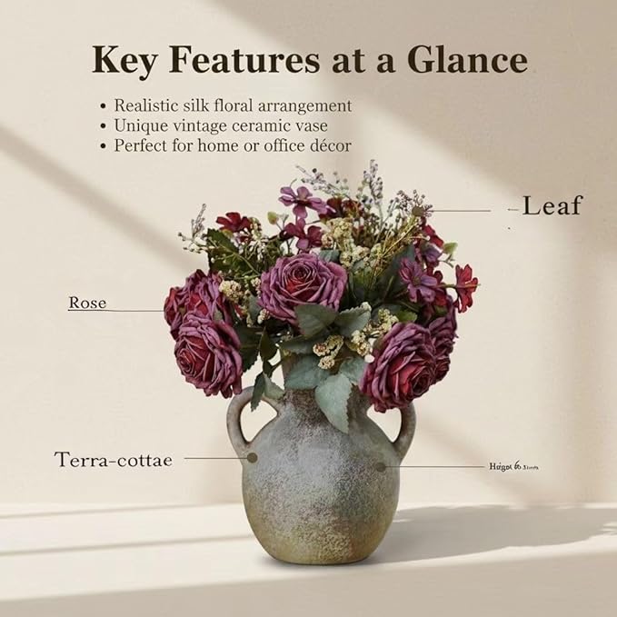 Retro-Style vase, Artificial Faux Flower Bouquet for Home Decor Indoor Fake Bouquet Faux Floral Arrangements Dining Table Centerpieces for Kitchen(Terracotta)