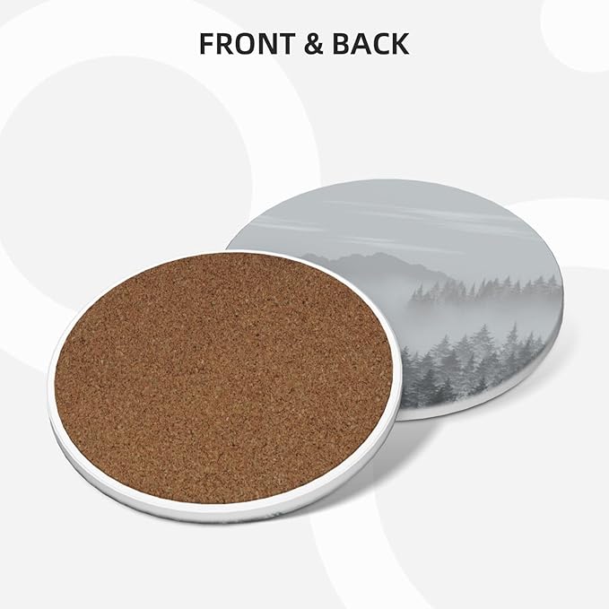 6 Pcs Ceramic Coasters with Holder Absorbent Drink Round Mountains Forest Fog Design for Home Table Coffee Cup Wine Beer Bar,Size 4.4 inches