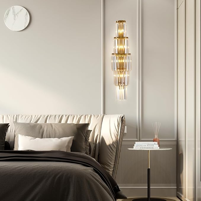 29.5 inch Modern Wall Sconce Contemporary Crystal Wall Sconce 5-Light Gold Bathroom Light Fixtures for Bedroom Hallway Living Room