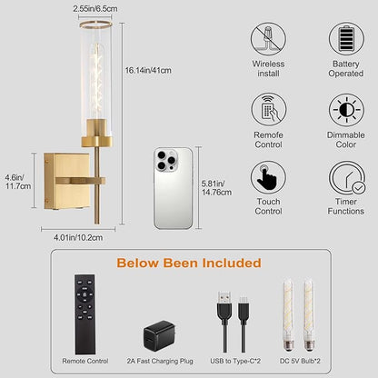 Wall Sconces,Gold Battery Operated Wall Sconce Dimmable Touch 3000K/6000K 2 Color Bulbs 8000mAh Fast Chargin Endurance 100 Hours with Remote Control Wireless Wall Lights for Bedroom Living Room