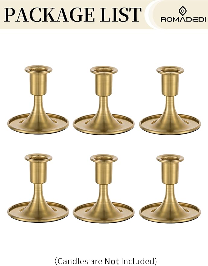 Romadedi Gold Candlestick Candle Holders - Brass Taper Holders Candle Stick for Wedding Table Centerpiece Festive Christmas Mantel Decoration Home Decor, Set of 6