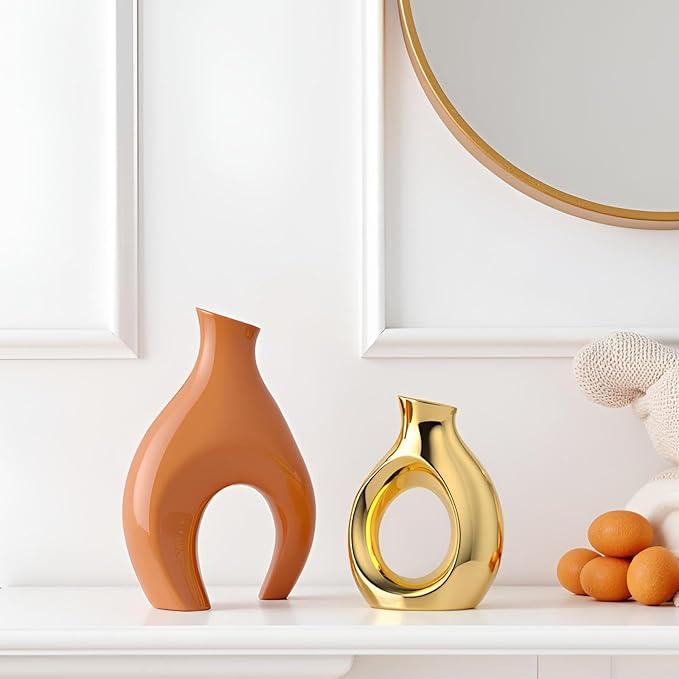 Orange Gold Modern Abstract Ceramic Vases for Home Decor,Nordic Snuggle Hollow Design for Flowers Pampas Grass Decorative,for Living Room Coffee Table Centerpiece,Entrance,Console (Orange)