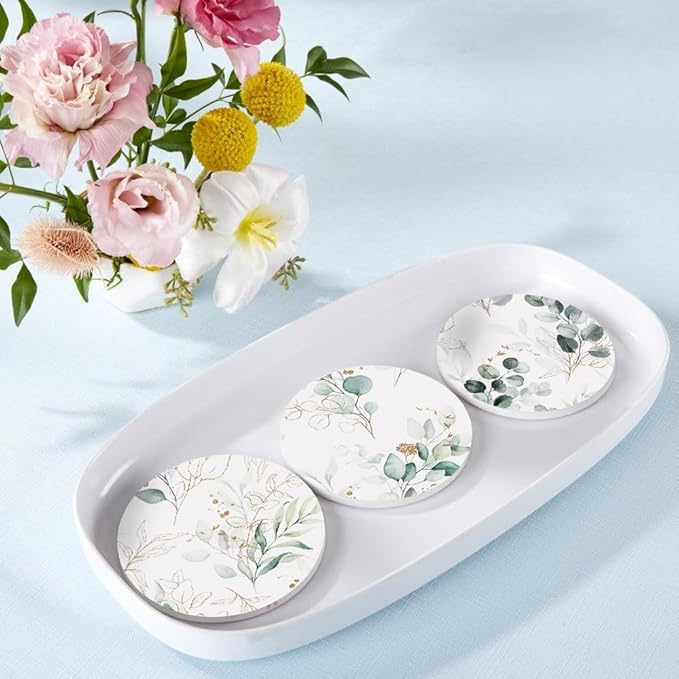 6Pcs Drink Coasters with Holder, Watercolor Green Eucalyptus Leaves Absorbent Ceramic Drink Coaster with Cork Base, Home Bar Table & Office Decor House Warming Gift