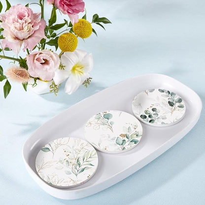 6Pcs Drink Coasters with Holder, Watercolor Green Eucalyptus Leaves Absorbent Ceramic Drink Coaster with Cork Base, Home Bar Table & Office Decor House Warming Gift