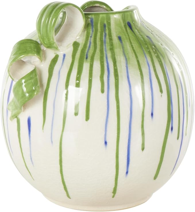 Deco 79 Ceramic Abstract Decorative Vase Centerpiece Vases with Green and Blue Drip Design and Handles, Flower Vases for Home Decoration 11" x 10" x 11", White